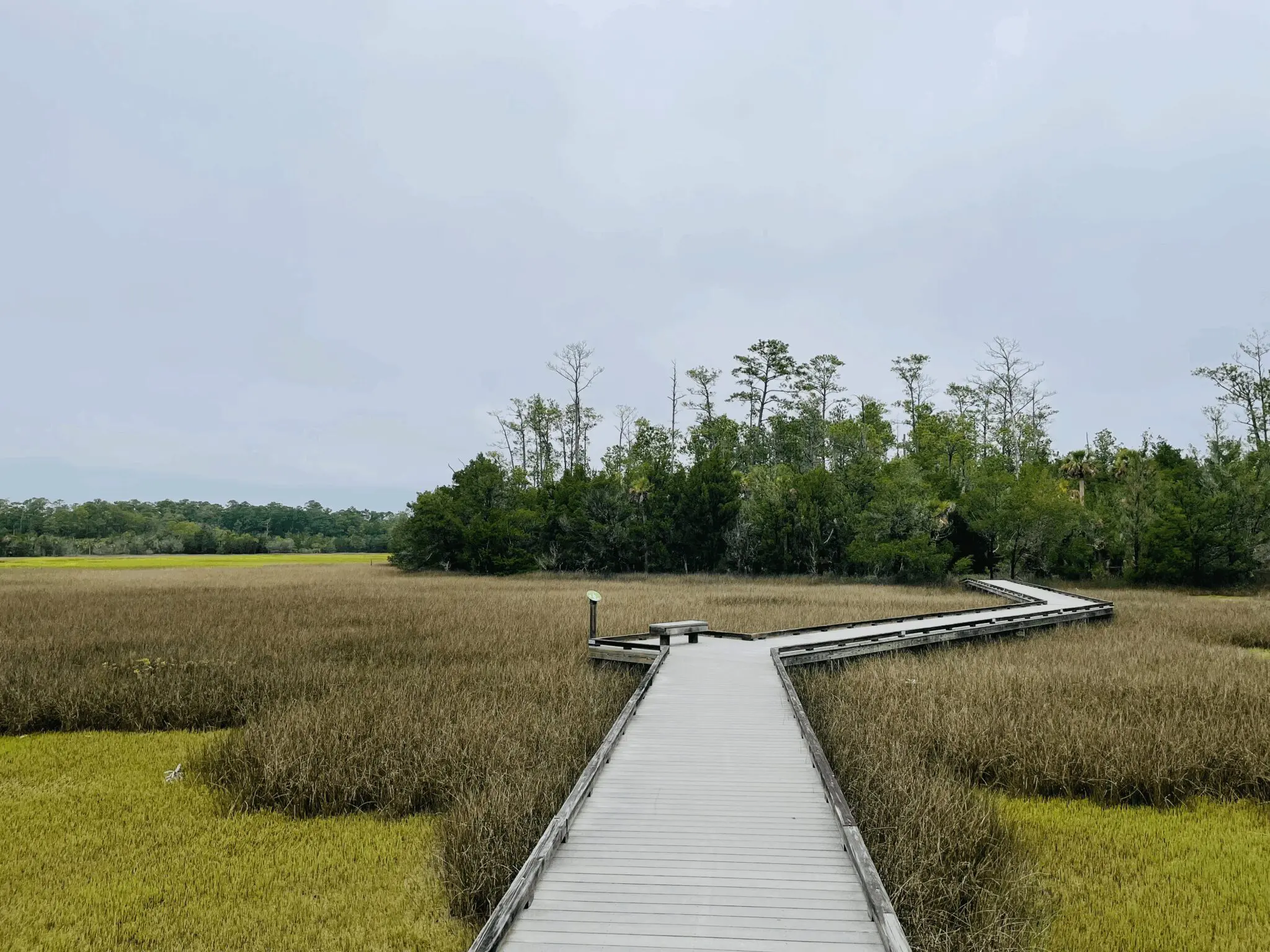 A wooden boardwalk stretches through a marshy wetland under a cloudy sky.